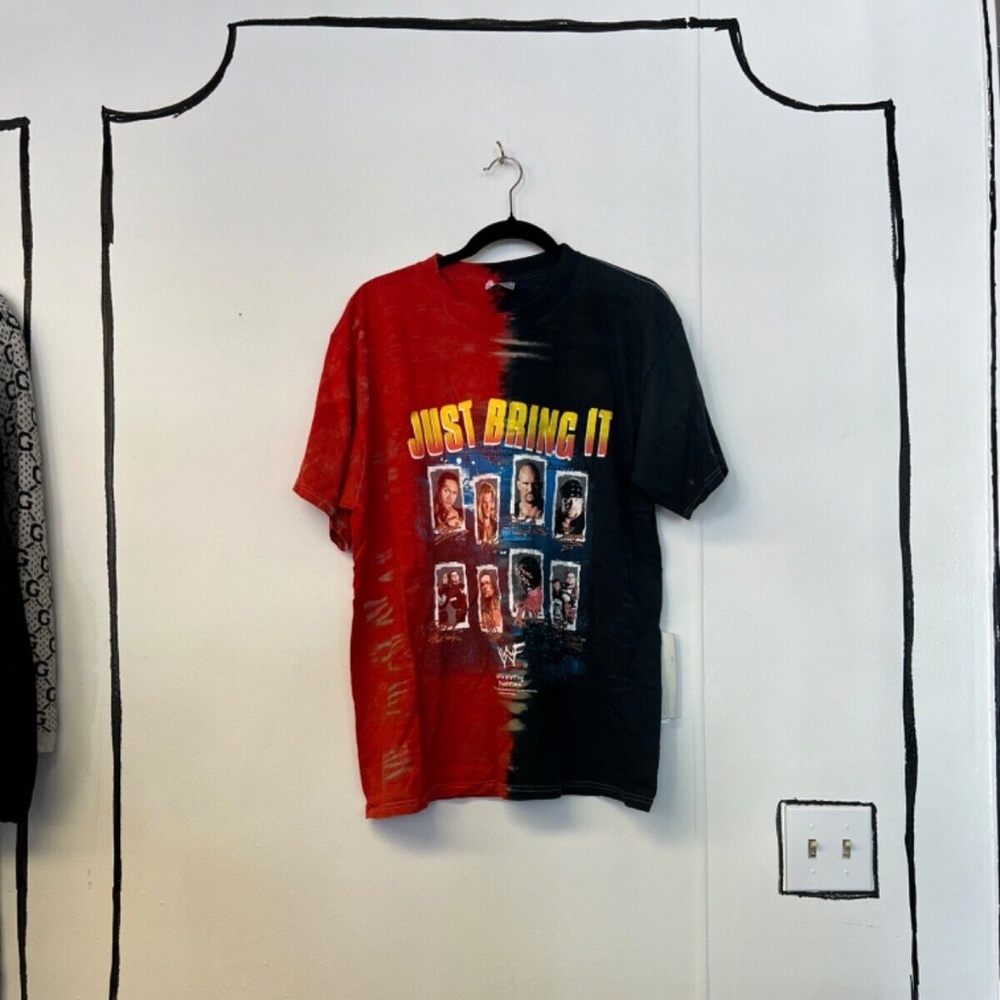 Rare Vintage WWF 2001 Just Bring It! Red & Black Tie Dye T-Shirt Vintage Large